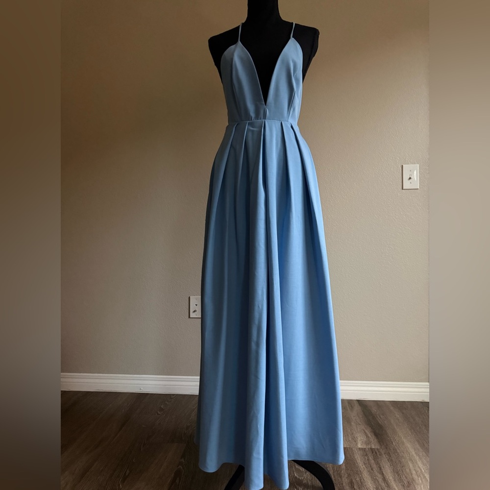 ZARA Sky Blue Plunge Backless Maxi Dress NWT Size S Adjustable Open Back
